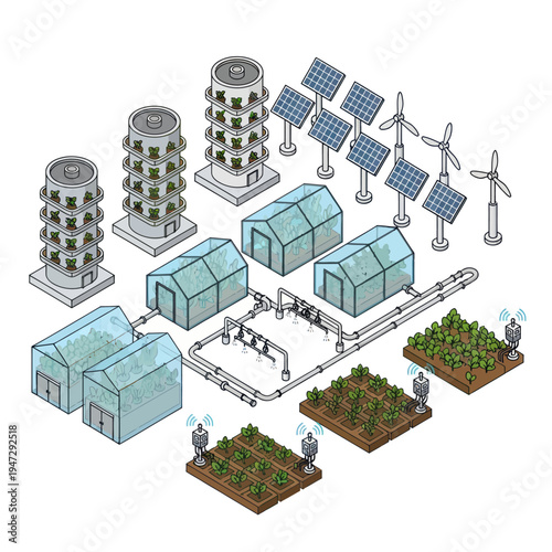 Isometric Sustainable Agriculture and Renewable Energy Infrastructure Illustration.