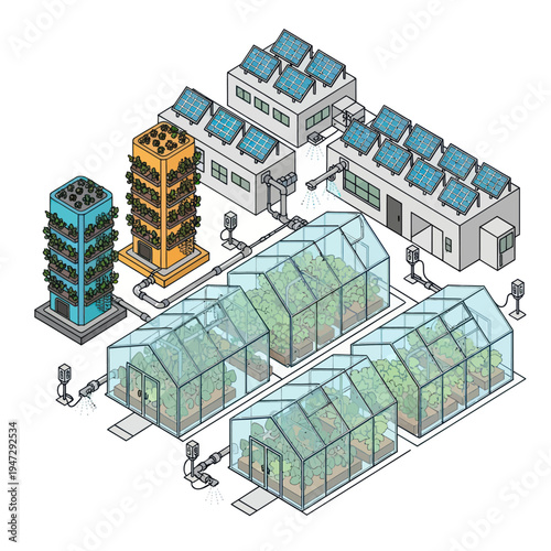 Sustainable Urban Farming System with Greenhouses and Vertical Farms.