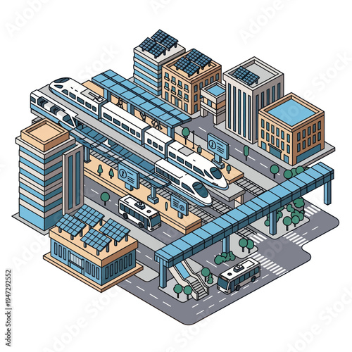 Isometric Cityscape with Elevated Train and Sustainable Infrastructure.