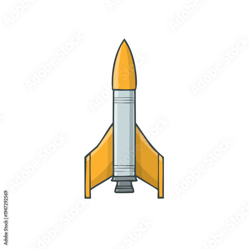 A cartoon rocket ship with yellow and grey colors, ready to take off into space.