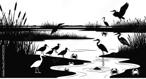 A serene wetland scene depicting various wading birds and crabs in a striking black silhouette high quality professional detailed modern elegant