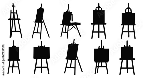 A collection of artist s easels shown in various styles and perspectives presented as a dark silhouette high quality professional detailed modern