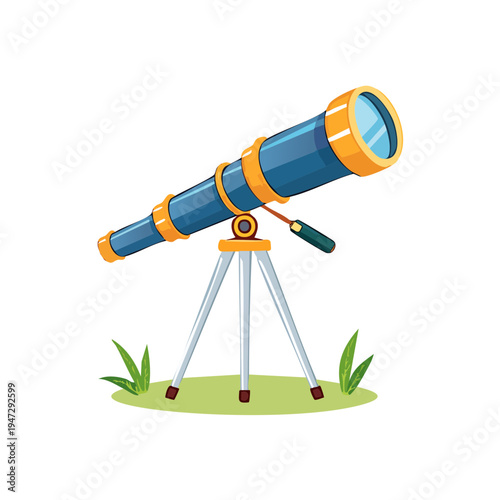 An illustrated telescope with a blue barrel and yellow accents sits on a tripod, ready to explore the cosmos.