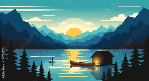 Tranquil lake scene at sunrise with lone paddleboarder small wooden hut and canoe on calm water surrounded by forest and mountains serene outdoor escape