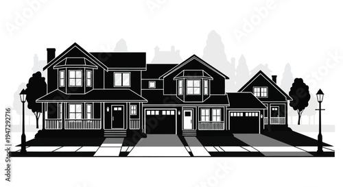 A striking black and white silhouette of a classic suburban home with surrounding landscape features silhouette high quality professional detailed modern
