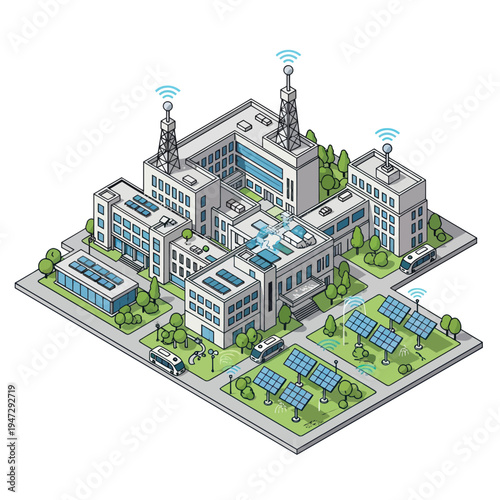 Isometric Smart City with Solar Panels and Wireless Technology.