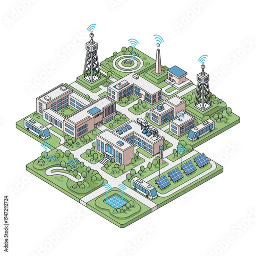 Isometric Smart City Illustration - Sustainable Technology and Modern Infrastructure.