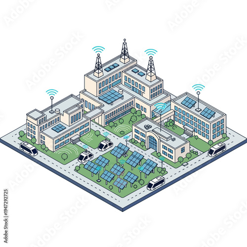 Smart City Infrastructure with Solar Panels and Connectivity.