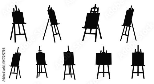 A collection of black silhouettes depicting various artist easels and canvases arranged in a grid silhouette high quality professional detailed modern