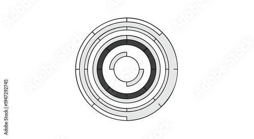 Abstract circular diagram with concentric rings and segmented sections representing data or technology progress in futuristic minimalist style clean technical graphic