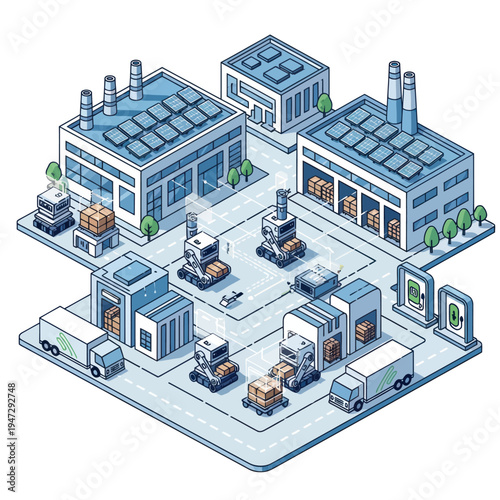 Isometric Factory Complex with Automated Vehicles and Warehouses.