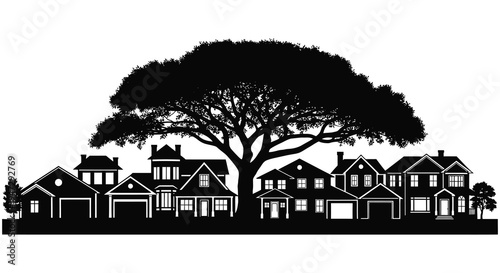 A striking black and white silhouette depicts a quaint neighborhood scene with a large leafy tree silhouette high quality professional detailed