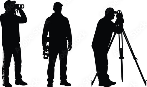 Three surveyor silhouettes using binoculars, holding equipment, operating tripod instrument, illustrating land surveying, geospatial measurement, suitable for design, education, engineering