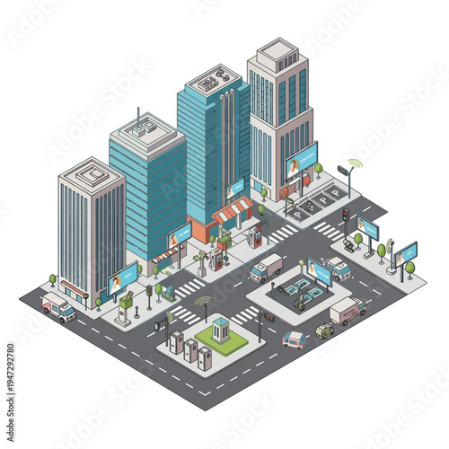 Isometric Cityscape Illustration with Skyscrapers and Urban Infrastructure.
