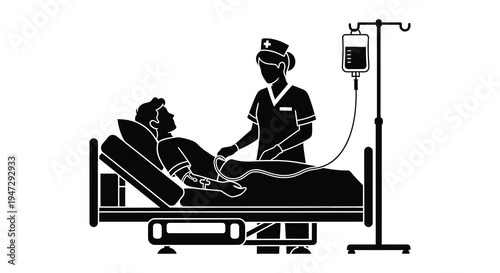 A healthcare worker attends to a patient lying in a hospital bed depicted in a striking silhouette high quality professional detailed