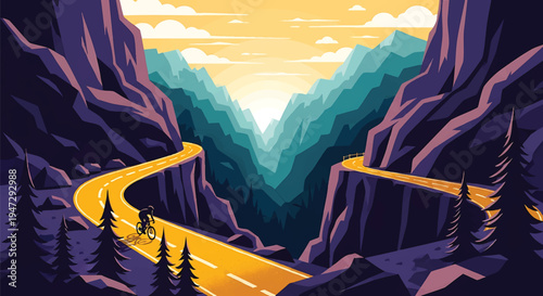 Solitary cyclist on a winding mountain road at sunrise, surrounded by steep cliffs and a vibrant, layered landscape