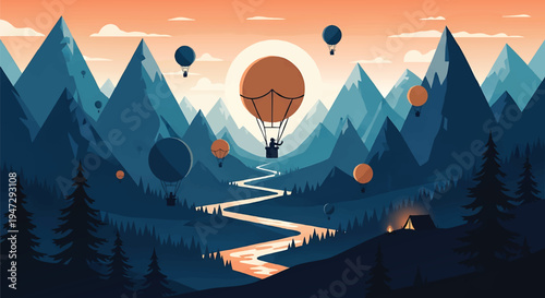 Hot air balloons flying over mountain valley with winding river at sunset with colorful sky and forest scenery in minimalist flat vector design style