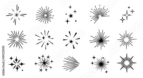 A collection of black starburst and sparkle designs creating a festive and dynamic visual effect silhouette high quality professional detailed