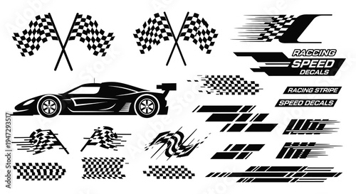 A collection of racing flag graphics speed lines and a car silhouette ideal for motorsport design applications silhouette high quality professional