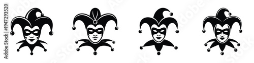 Set of Jester Mask Vector Illustrations - Black and White Joker Face Icons for April Fools’ Day, Mardi Gras, Carnival, and Circus Design - Flat Silhouette Clipart