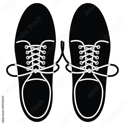 April Fools Day Prank Vector Illustration: Pair of Black Shoes with Shoelaces Tied Together, Concept of Practical Joke and Clumsy Trip Hazard