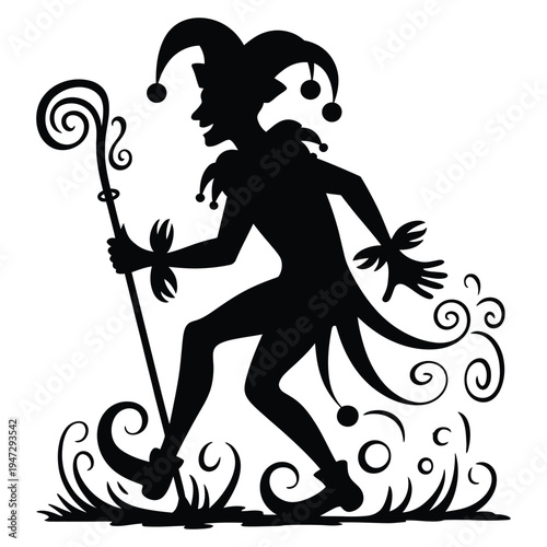 April Fools Day Jester Silhouette Vector - Medieval Joker with Staff and Bell Hat, Fool Character Illustration for Carnival, Mardi Gras, and Prank Celebration