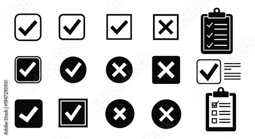 A collection of black checkmark and cross icons alongside clipboard graphics presented in a stark silhouette high quality professional detailed modern