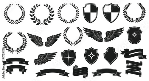 A collection of black laurel wreaths shields wings and ribbons in a graphic design silhouette high quality professional detailed modern elegant