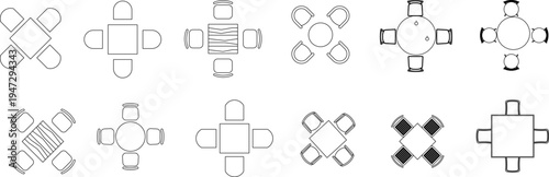 Technical architectural furniture blocks showing various table and chair arrangements in plan view including square, round tables with different seating configurations and wood textures.