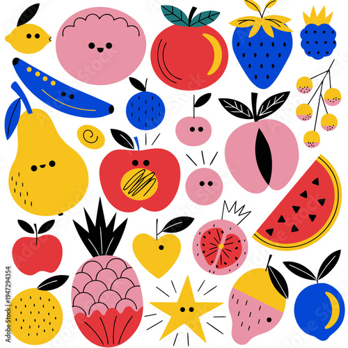 seamless pattern with fruits and berries smiles kids illustration vector illustration of an orange background Modern Abstract Fruit Illustration Collection Colorful Vector Set