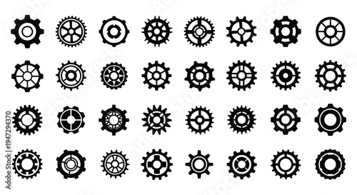 A collection of twenty five black gear icons arranged in a grid pattern showcasing mechanical design silhouette high quality professional detailed