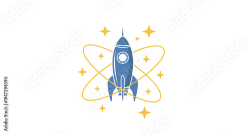 Blue Rocket Ship Blasting Off Space.