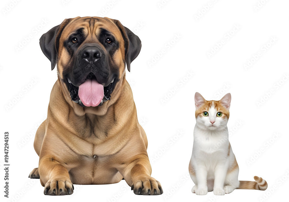 Obraz premium Bullmastiff dog and ginger cat, large tan dog with small kitten, domestic pet friends isolated on Transparent Background