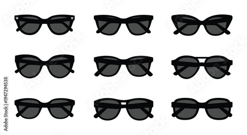 A collection of nine different sunglasses designs displayed in a grid format all rendered as a silhouette high quality professional detailed