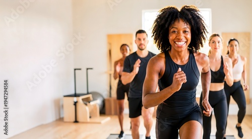 Diverse Group Fitness Class Running in Place, Studio Workout