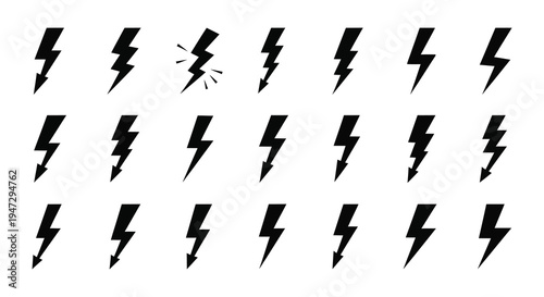 A collection of black lightning bolt silhouettes arranged in a grid pattern against a stark white background silhouette high quality professional