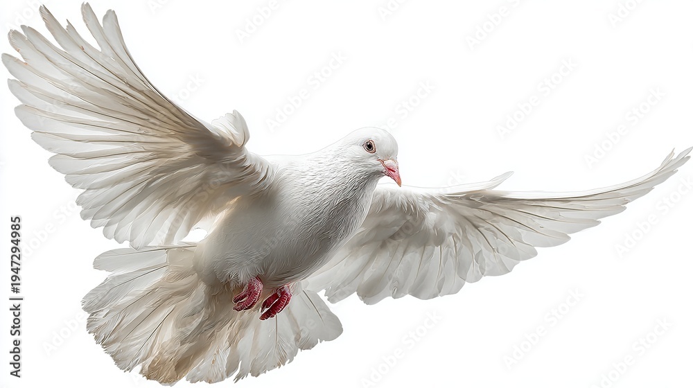 Obraz premium A white dove is flying in the air with its wings spread wide