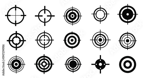 A collection of black and white target sights varying in design and complexity presented as a graphic silhouette high quality professional