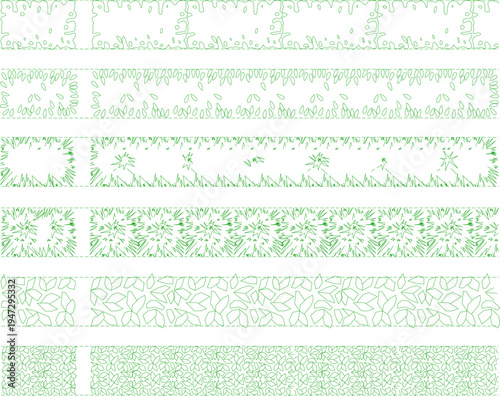 Technical landscape architectural symbols showing various vegetation patterns including grass, ground cover, shrubs and planting areas in green line work for site plans.