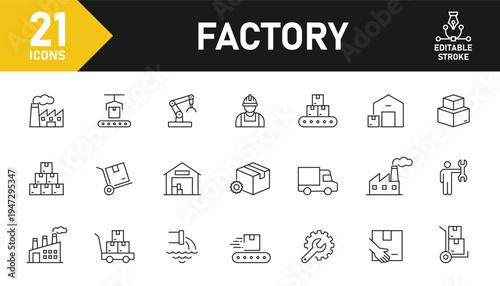 Factory line icon set. Set of 21 outline icons related to factory, manufacturing, industry, machine, fabrication, warehouse and others. Editable stroke. Vector illustration.