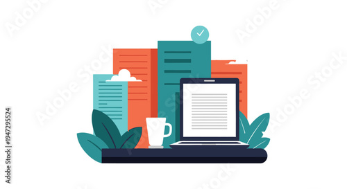 A flat design illustration depicting a workspace with a laptop coffee and plants featuring a bold silhouette high quality professional detailed