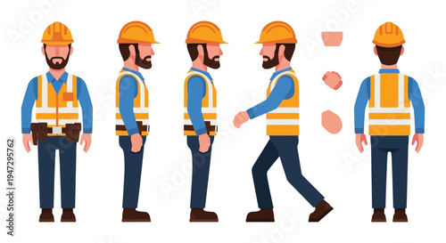 A series of construction worker poses depicting movement and various angles presented as a flat silhouette high quality professional detailed modern