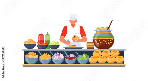 A street vendor prepares colorful indian snacks including pani puri with a flat graphic silhouette high quality professional detailed modern elegant