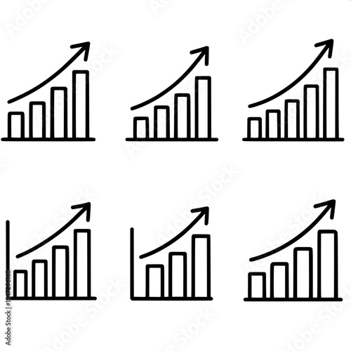 Minimal black outline vector icon of three database cylinders arranged left to right with increasing height, above them a zigzag upward arrow pointing to the top right, symbolizing data growth, clean 