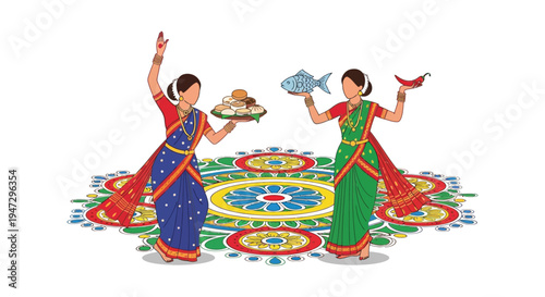 Two women in traditional indian attire present food and offerings on a colorful rangoli a striking silhouette high quality professional detailed