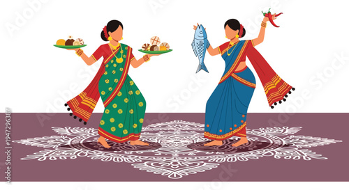 Two women in traditional indian attire present offerings of food and fish in a vibrant colorful scene silhouette high quality professional