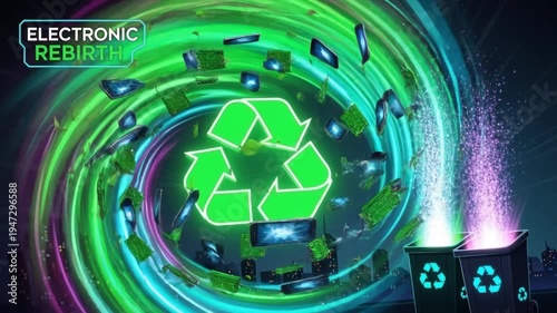 Electronic rebirth recycling symbol motion abstract technology digital waste transformation glowing energy futuristic concept