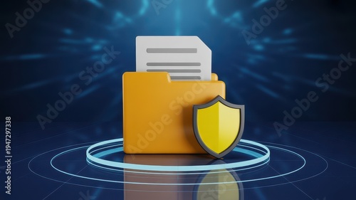 Secure document storage folder with shield on glowing digital platform