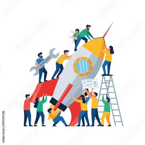 Teamwork Assembling a Rocket for Startup Success.