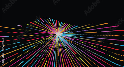 A mesmerizing display of colorful light trails exploding from a central point against a dark backdrop, perfect for representing energy, technology, and innovation in various commercial projects.